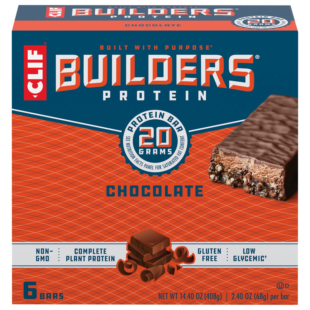 slide 1 of 9, CLIF Builders - Chocolate Flavor - Protein Bars - Gluten-Free - Non-GMO - Low Glycemic - 20g Protein - 2.4 oz. (6 Pack), 6 ct