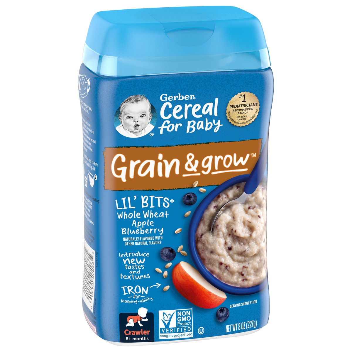 slide 7 of 9, Gerber Cereal for Baby Grain & Grow 3rd Foods Lil' Bits Whole Wheat Baby Cereal, Apple Blueberry, 8 oz Canister, 8 oz