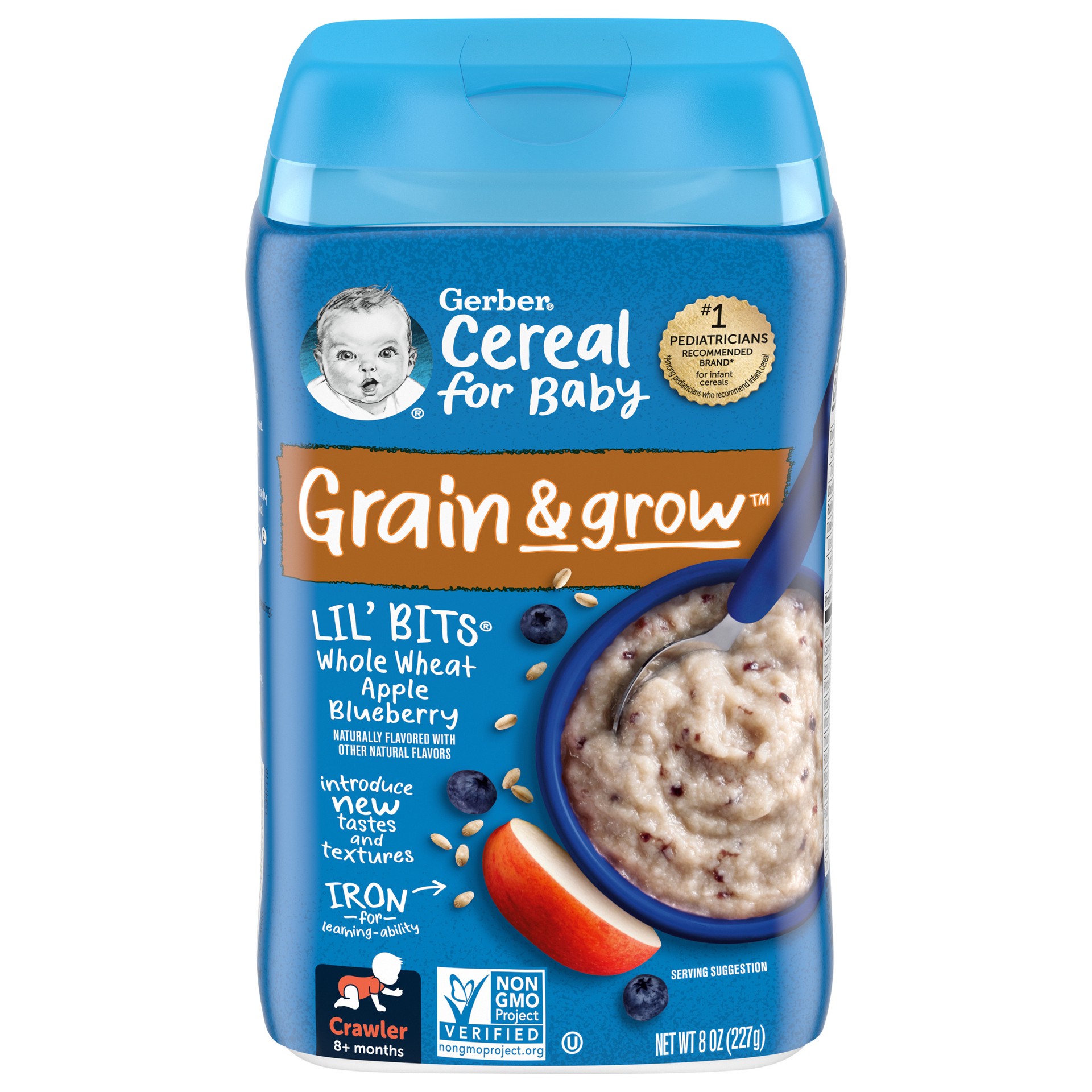 slide 1 of 9, Gerber Cereal for Baby Grain & Grow 3rd Foods Lil' Bits Whole Wheat Baby Cereal, Apple Blueberry, 8 oz Canister, 8 oz