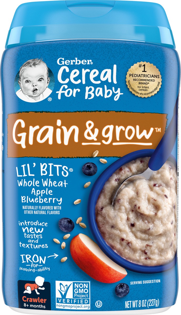 slide 6 of 9, Gerber Cereal for Baby Grain & Grow 3rd Foods Lil' Bits Whole Wheat Baby Cereal, Apple Blueberry, 8 oz Canister, 8 oz