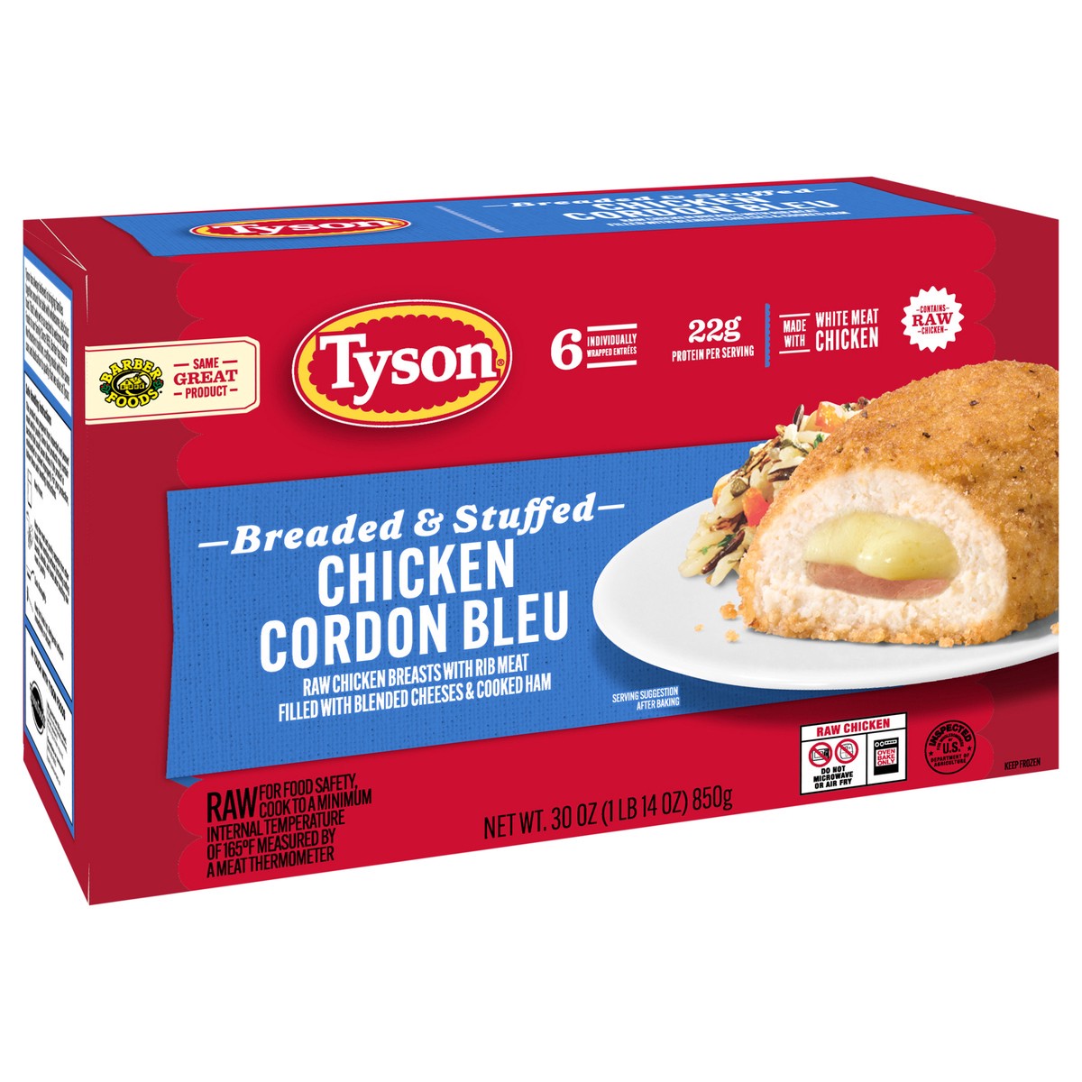 slide 9 of 13, Tyson Frozen Stuffed Chicken Breasts Cordon Bleu, 6 ct, 850.49 g