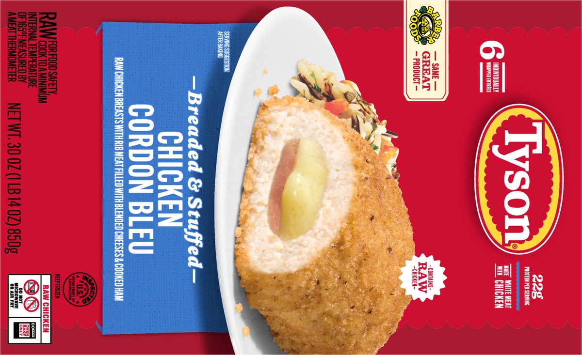slide 11 of 13, Tyson Frozen Stuffed Chicken Breasts Cordon Bleu, 6 ct, 850.49 g