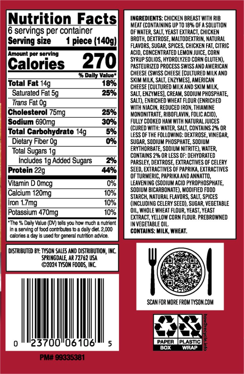 slide 13 of 13, Tyson Frozen Stuffed Chicken Breasts Cordon Bleu, 6 ct, 850.49 g