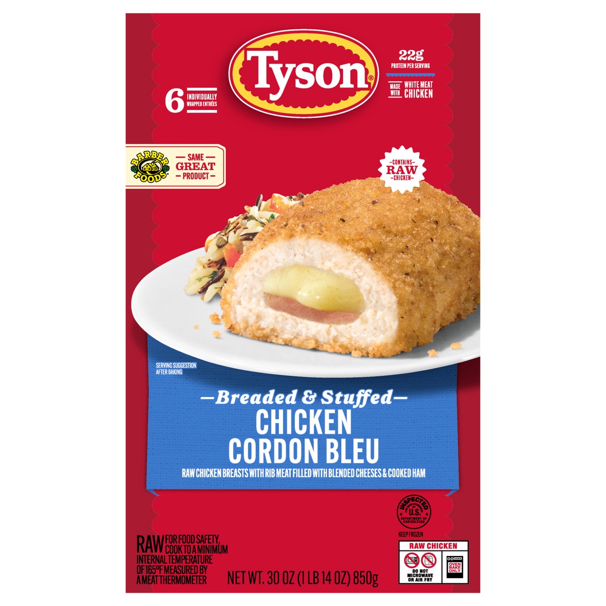 slide 1 of 13, Tyson Frozen Stuffed Chicken Breasts Cordon Bleu, 6 ct, 850.49 g