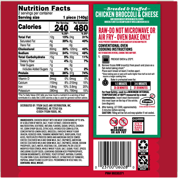 slide 4 of 9, Tyson Frozen Stuffed Chicken Breasts Broccoli Cheese, 2 Count, 2 ct