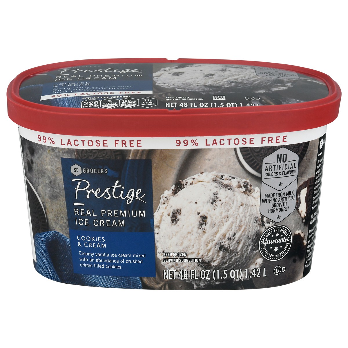 slide 1 of 9, Prestige Real Premium Ice Cream 99% Lactose Free Cookies & Cream, 48 oz