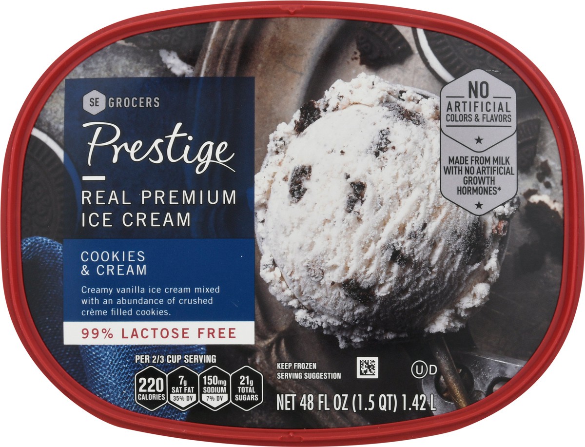 slide 9 of 9, Prestige Real Premium Ice Cream 99% Lactose Free Cookies & Cream, 48 oz