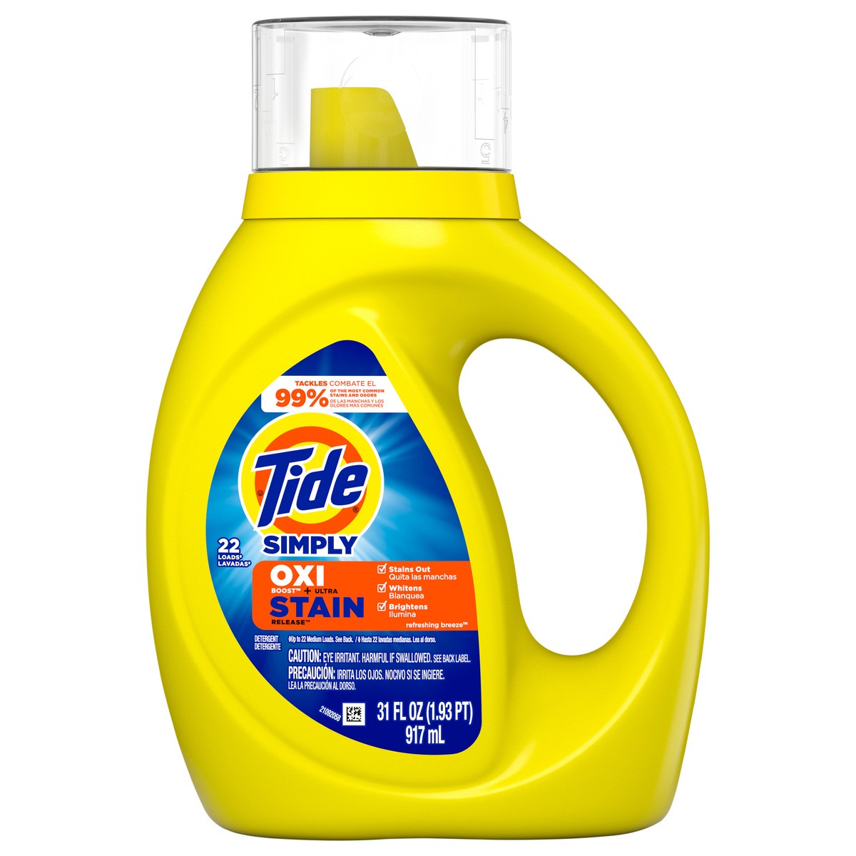 slide 1 of 5, Tide Simply Oxi Boost + Ultra Stain Release, 31 fl oz, 22 Loads, Tough on Stains, Whitens, Brightens, Refreshing Breeze Scent, 31 fl oz