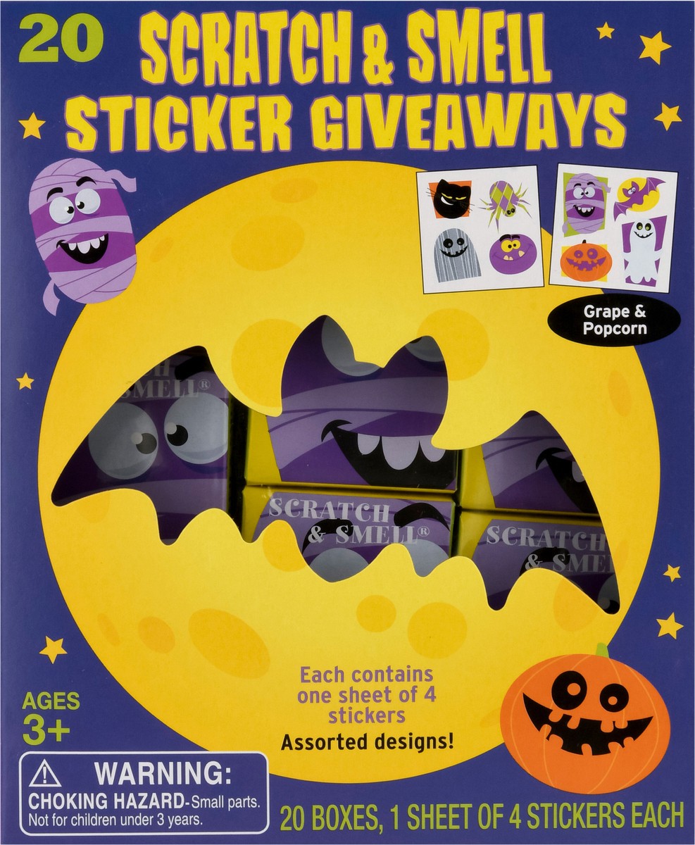 slide 7 of 10, Mello Smello Ages 3+ Scratch & Smell Assorted Designs Grape & Popcorn Stickers Giveaways 1 ea, 1 ct