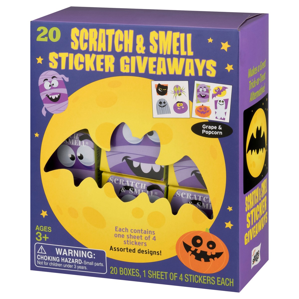 slide 9 of 10, Mello Smello Ages 3+ Scratch & Smell Assorted Designs Grape & Popcorn Stickers Giveaways 1 ea, 1 ct