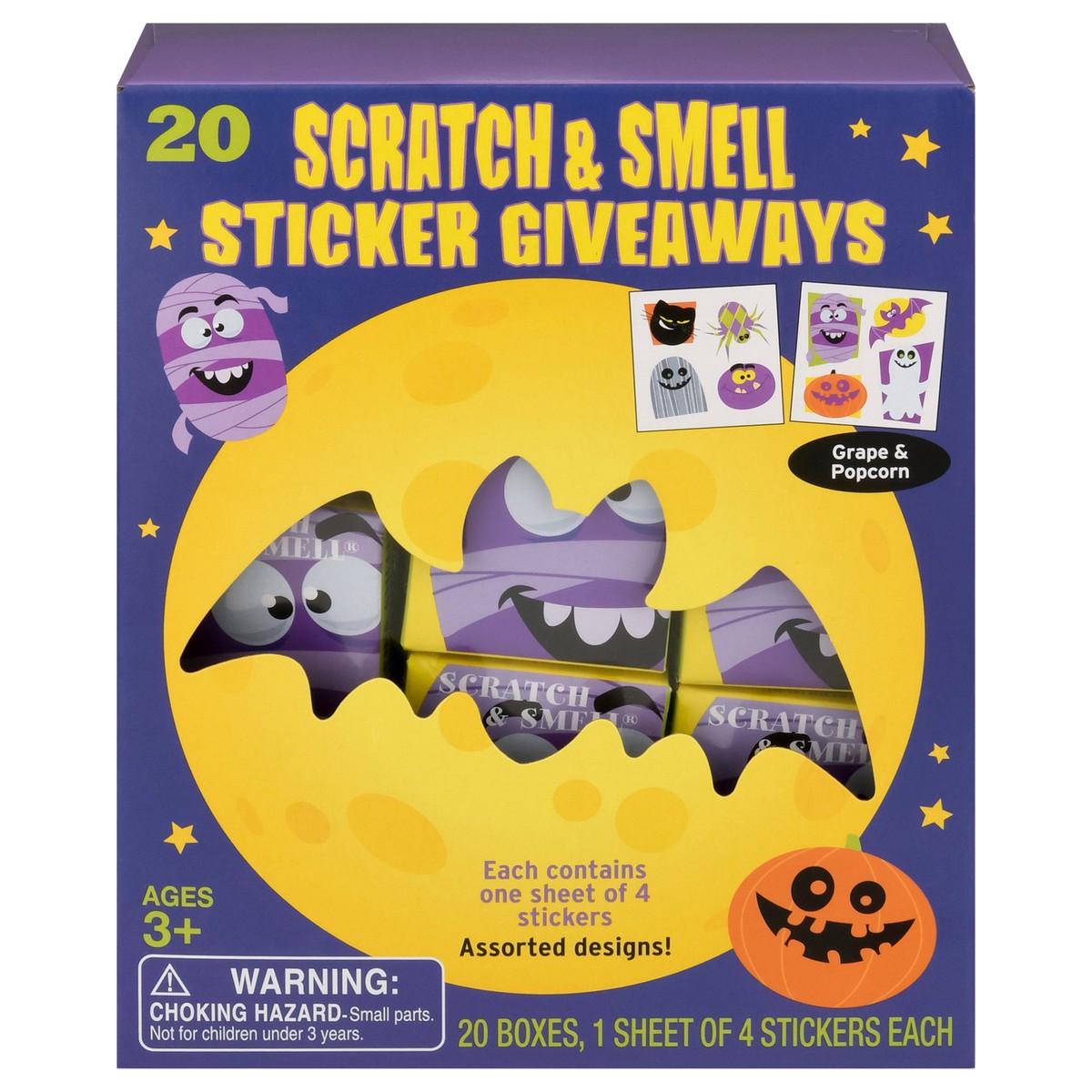 slide 1 of 10, Mello Smello Ages 3+ Scratch & Smell Assorted Designs Grape & Popcorn Stickers Giveaways 1 ea, 1 ct