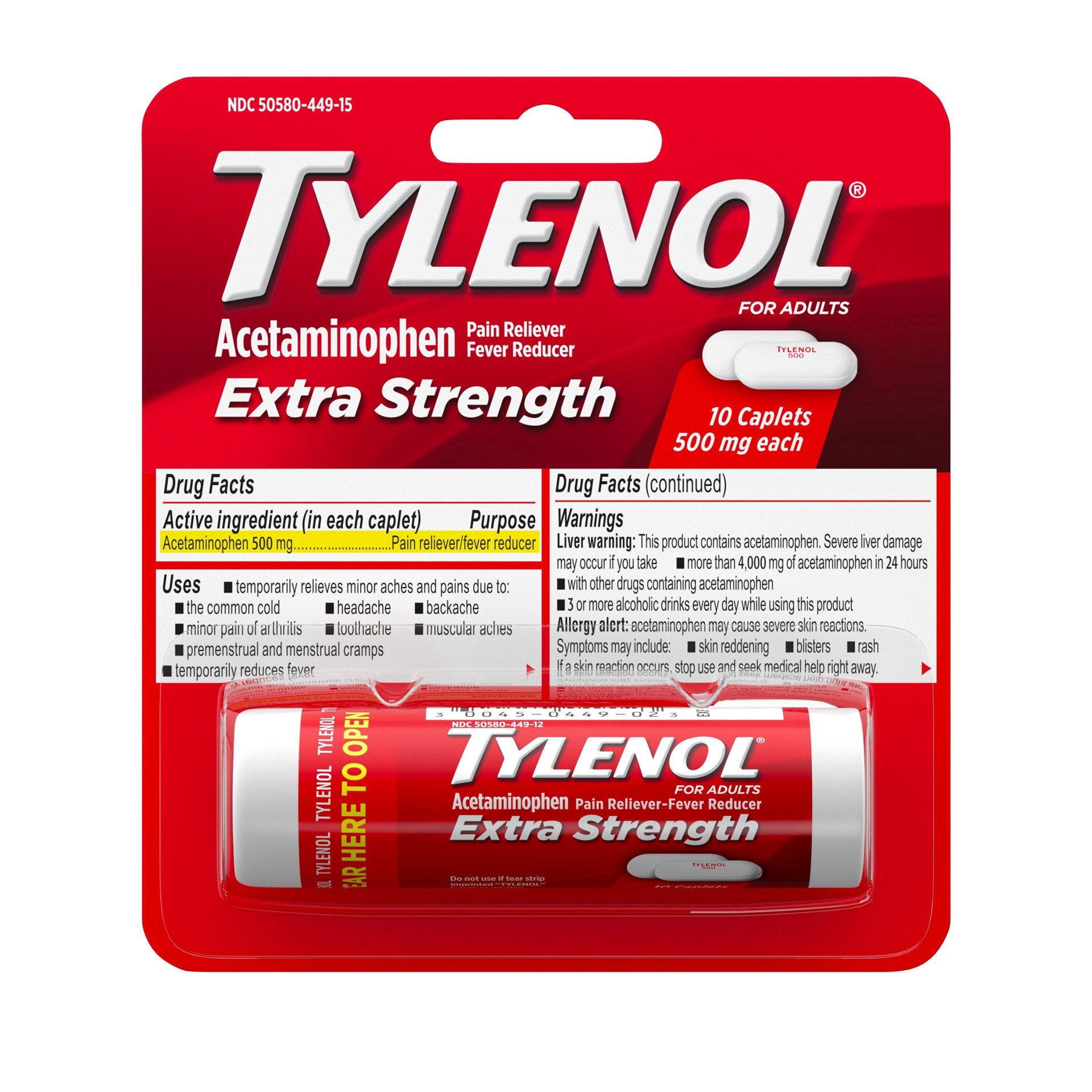 slide 1 of 1, Tylenol Extra Strength Caplets With 500 Mg Acetaminophen, 10 Ct, 10 ct