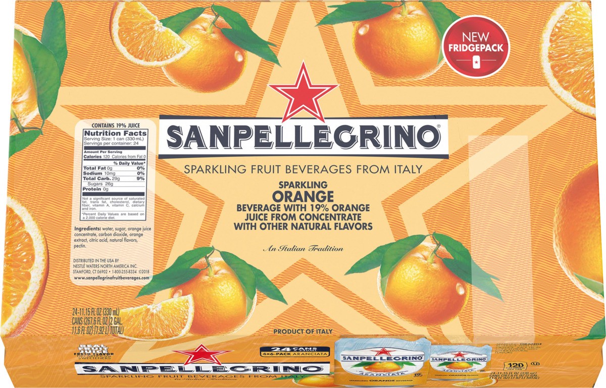 slide 5 of 9, San Pellegrino Italian Sparkling Drink Aranciata, Sparkling Orange Beverage, 24 Pack of 11.15 Fl Oz Cans, 267.60 oz