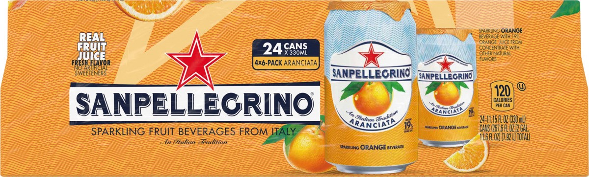 slide 7 of 9, San Pellegrino Italian Sparkling Drink Aranciata, Sparkling Orange Beverage, 24 Pack of 11.15 Fl Oz Cans, 267.60 oz