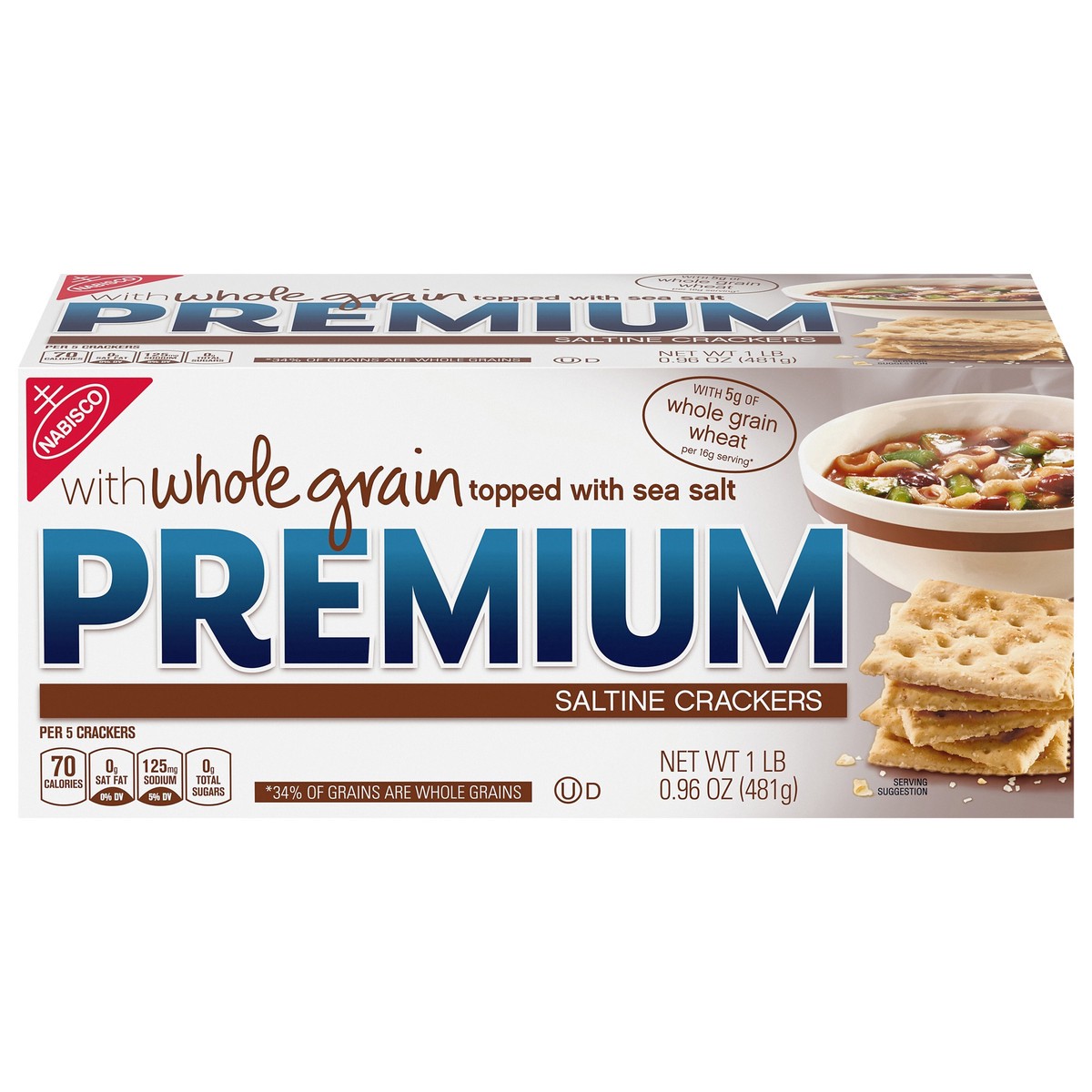 slide 1 of 7, Premium Saltine Crackers, with Whole Grain Wheat, Lunch Snacks- 16.96 oz, 16.96 oz