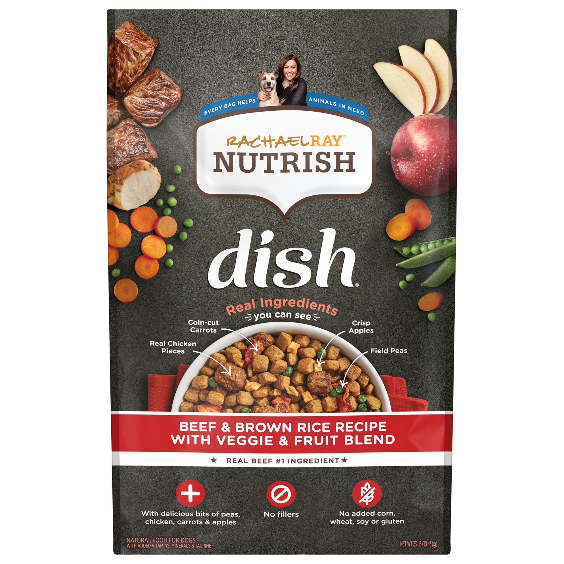 slide 1 of 9, Rachael Ray Nutrish Dish Beef & Brown Rice Recipe With Veggie & Fruit Blend Dry Dog Food, 23 lb. Bag, 23 lb