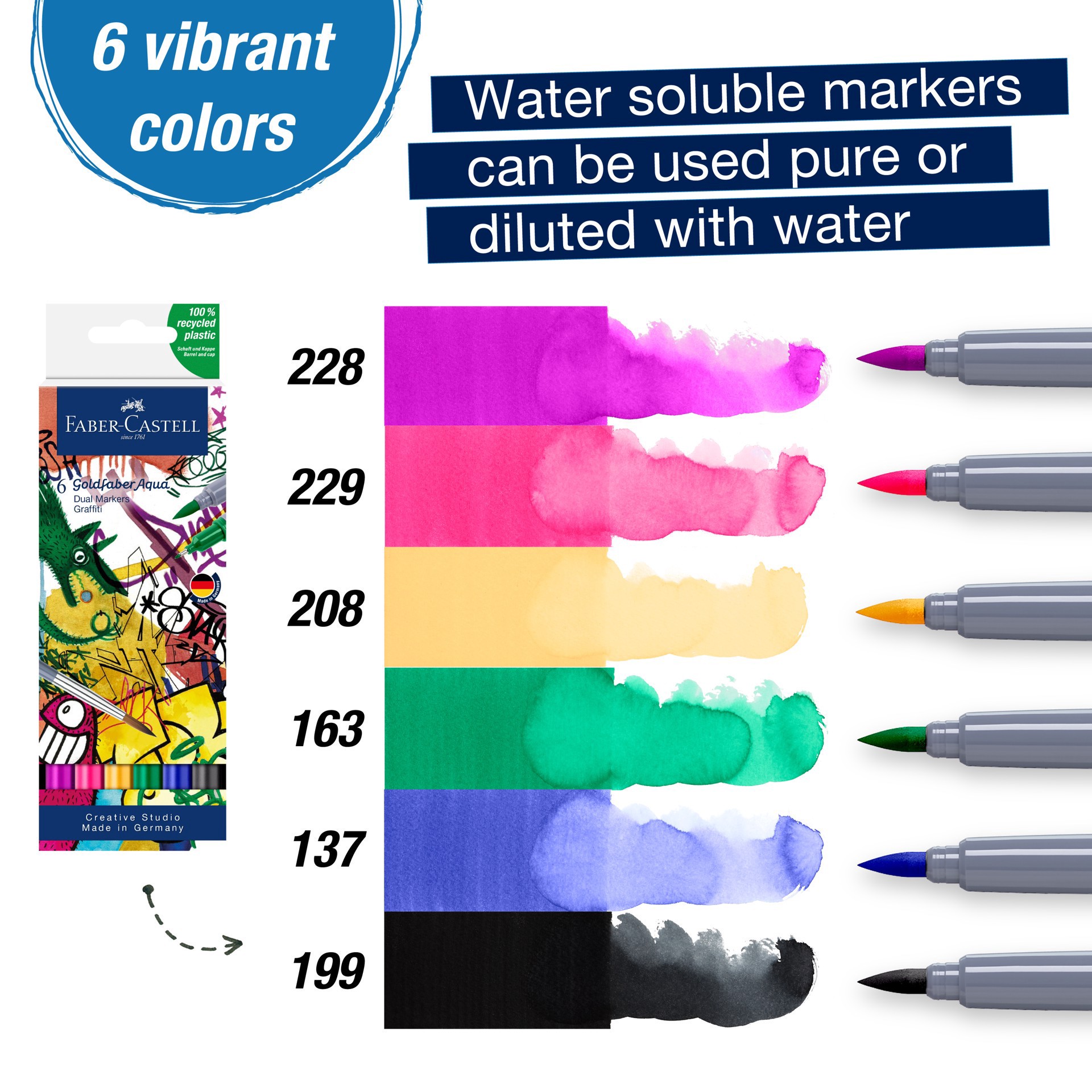 slide 3 of 6, Faber-Castell Goldfaber Aqua 6 Color Graffiti Dual Tip Watercolor Marker Set, fine