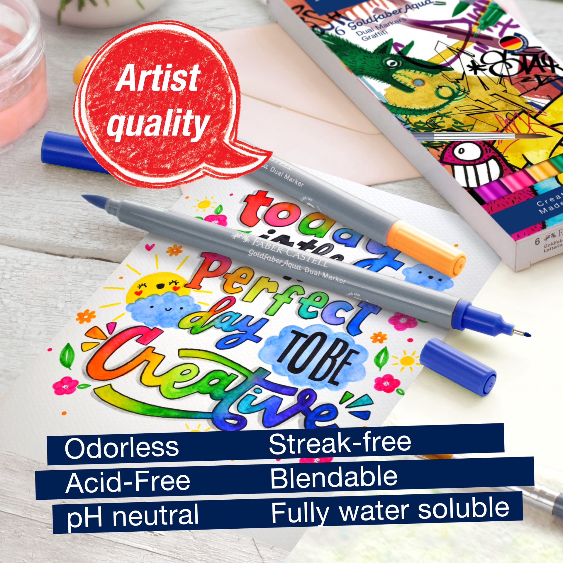 slide 4 of 6, Faber-Castell Goldfaber Aqua 6 Color Graffiti Dual Tip Watercolor Marker Set, fine