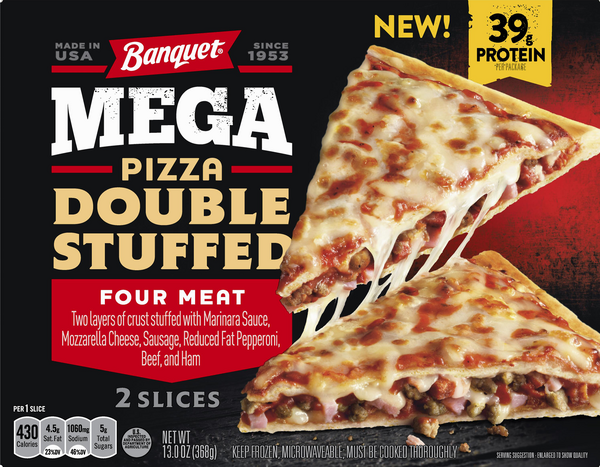 slide 1 of 1, Banquet Mega Pizza Double Stuffed Four Meat Frozen Pizza Slices, 2-Count 13.3 oz., 13 oz