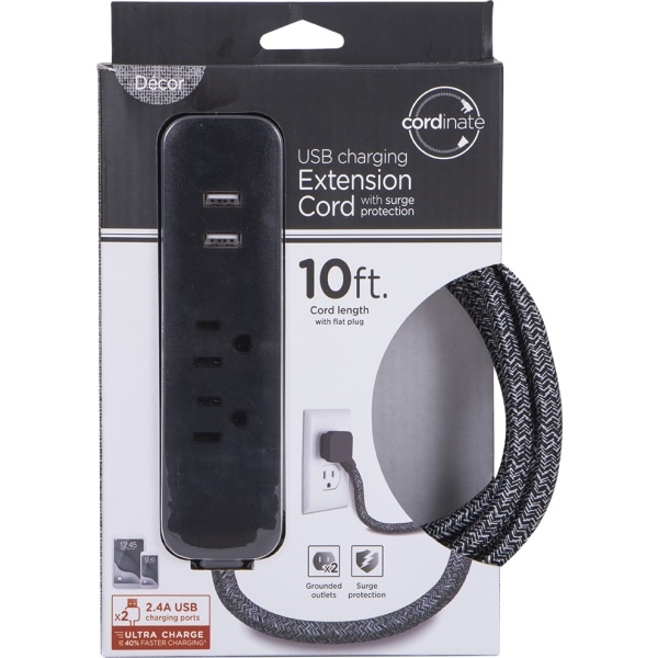 slide 1 of 2, Cordinate 2-Outlet Grounded Extension Cord With Usb, 10', Dark Heather, 1 ct