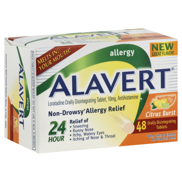 slide 1 of 1, Alavert 24-Hour Non-Drowsy Allergy Relief, Citrus Burst Flavor) Orally Disintegrating Tablets, 60 ct
