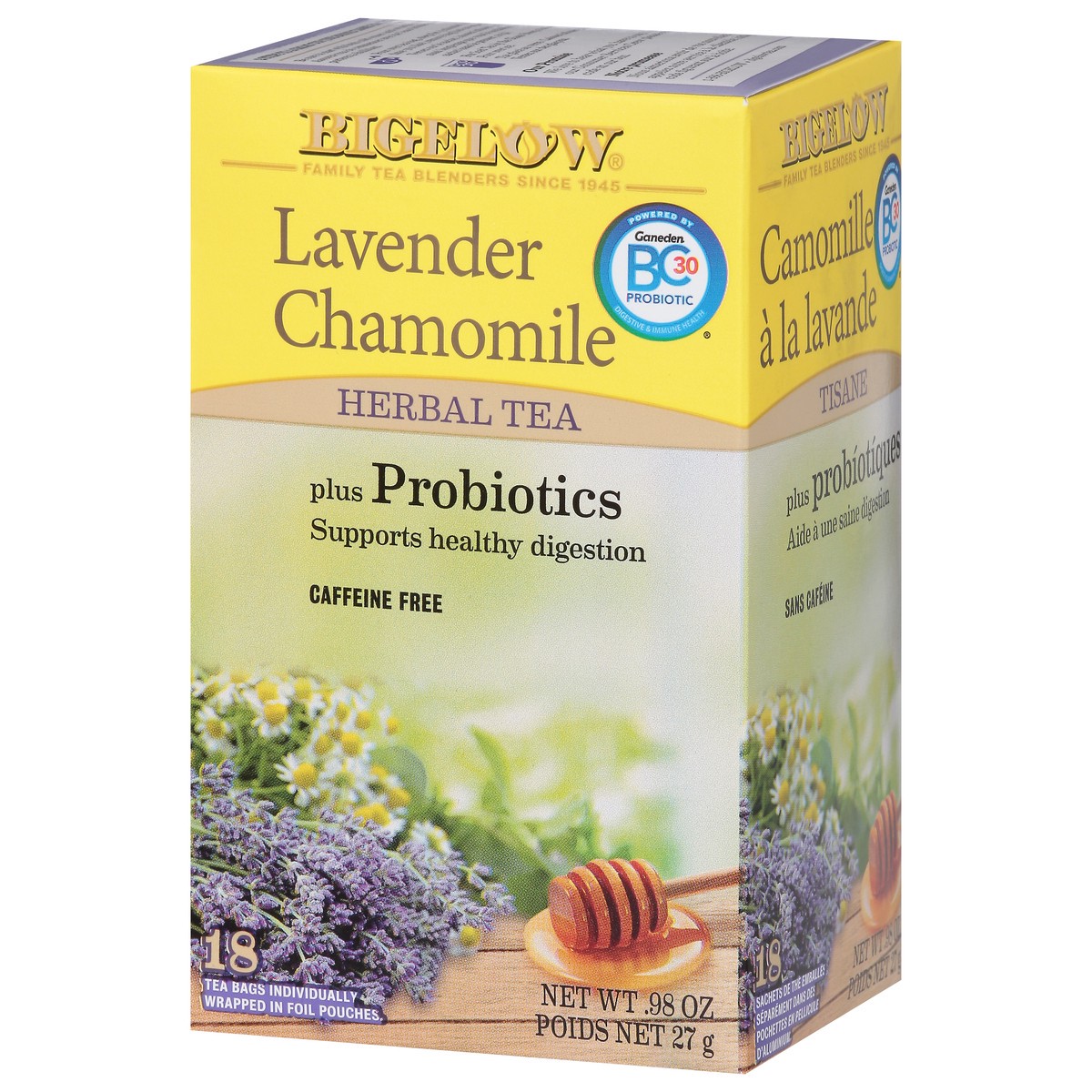 slide 2 of 11, Bigelow Lavender Chamomile plus Probiotics (F), Caffeine Free Herbal Tea, tea bags, 18 TB, 18 individually wrapped tea bags, 1 ct
