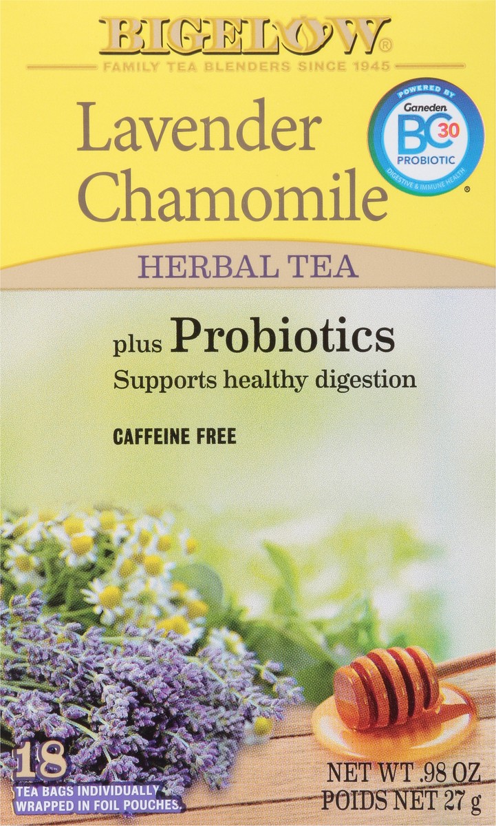 slide 3 of 11, Bigelow Lavender Chamomile plus Probiotics (F), Caffeine Free Herbal Tea, tea bags, 18 TB, 18 individually wrapped tea bags, 1 ct