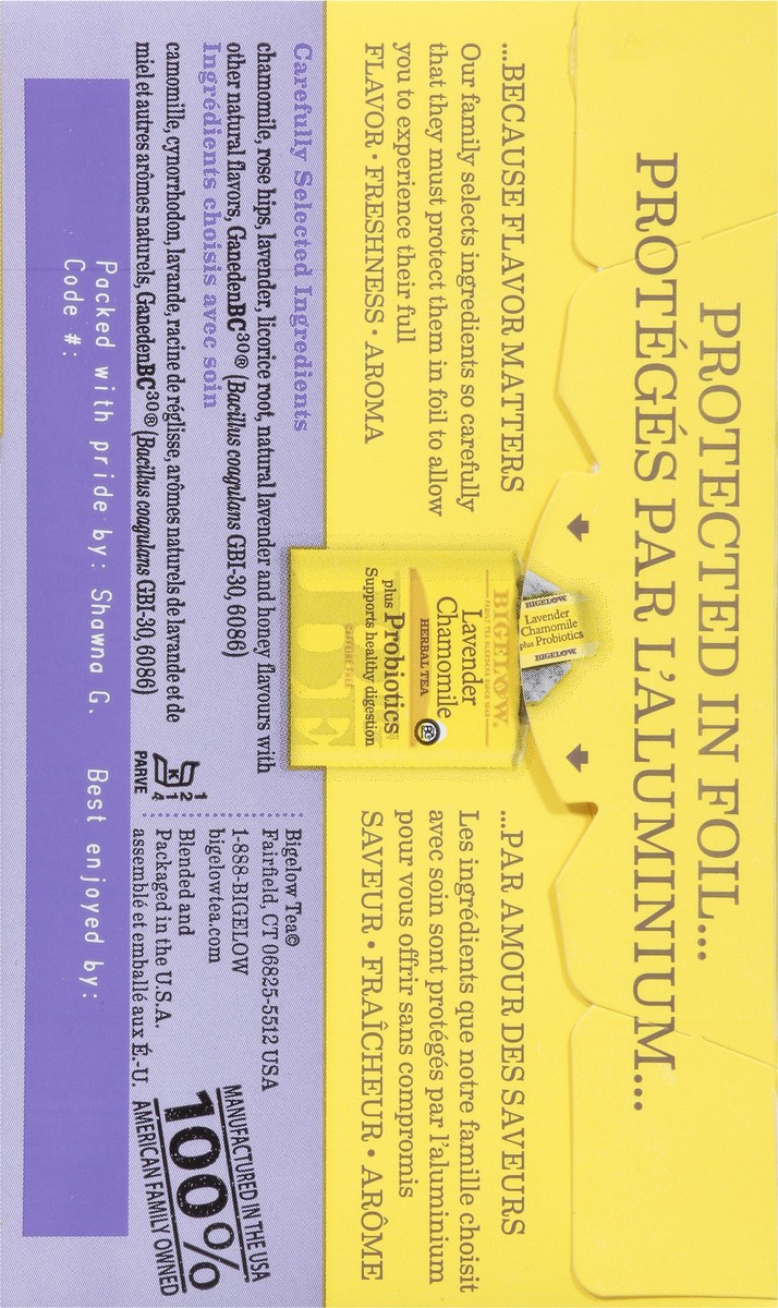 slide 7 of 11, Bigelow Lavender Chamomile plus Probiotics (F), Caffeine Free Herbal Tea, tea bags, 18 TB, 18 individually wrapped tea bags, 1 ct