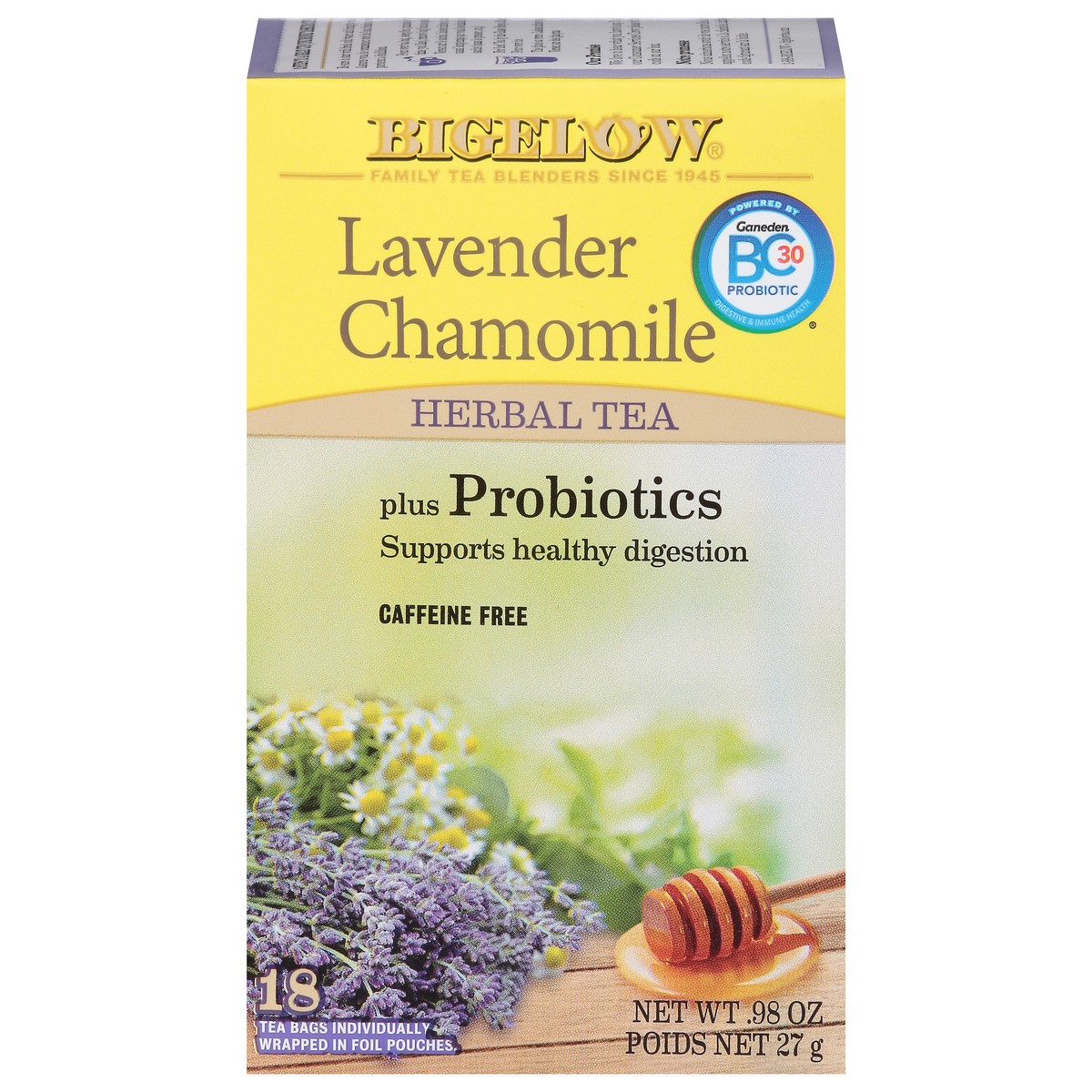 slide 6 of 11, Bigelow Lavender Chamomile plus Probiotics (F), Caffeine Free Herbal Tea, tea bags, 18 TB, 18 individually wrapped tea bags, 1 ct