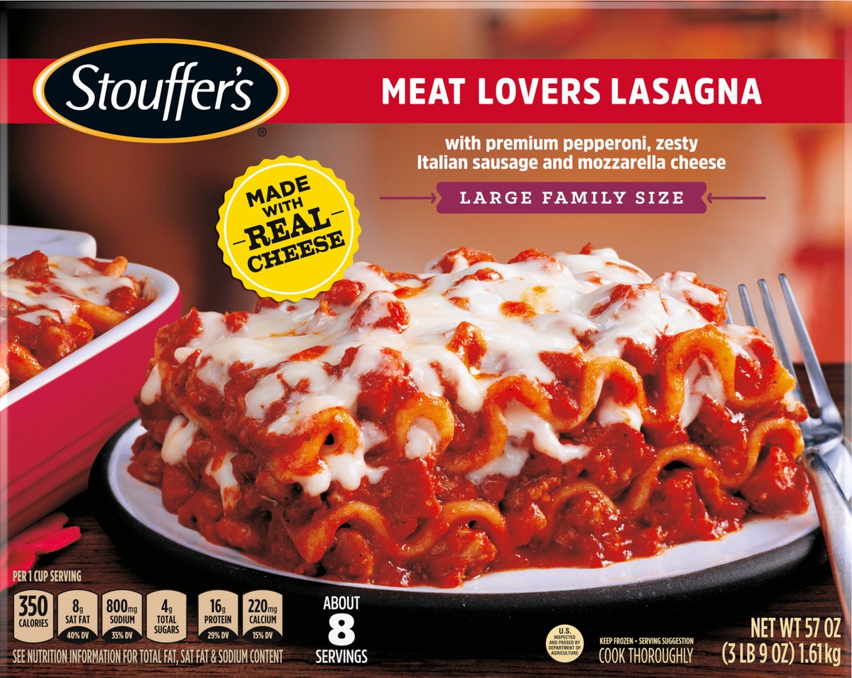 slide 3 of 7, Stouffer's Large Family Size Meat Lovers Lasagna Frozen Meal, 57 oz