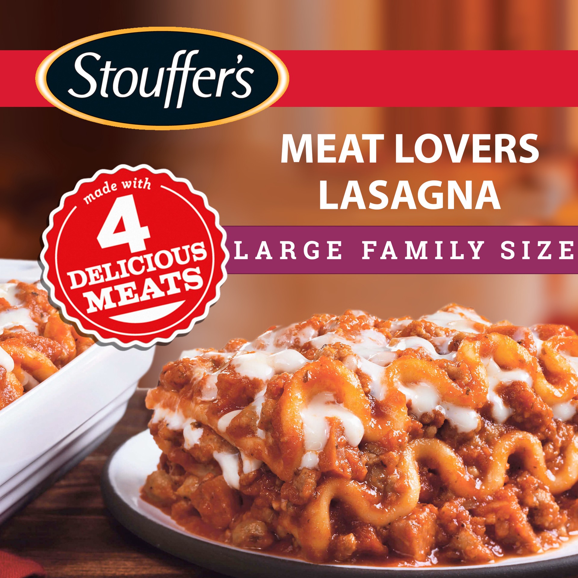 slide 1 of 7, Stouffer's Large Family Size Meat Lovers Lasagna Frozen Meal, 57 oz