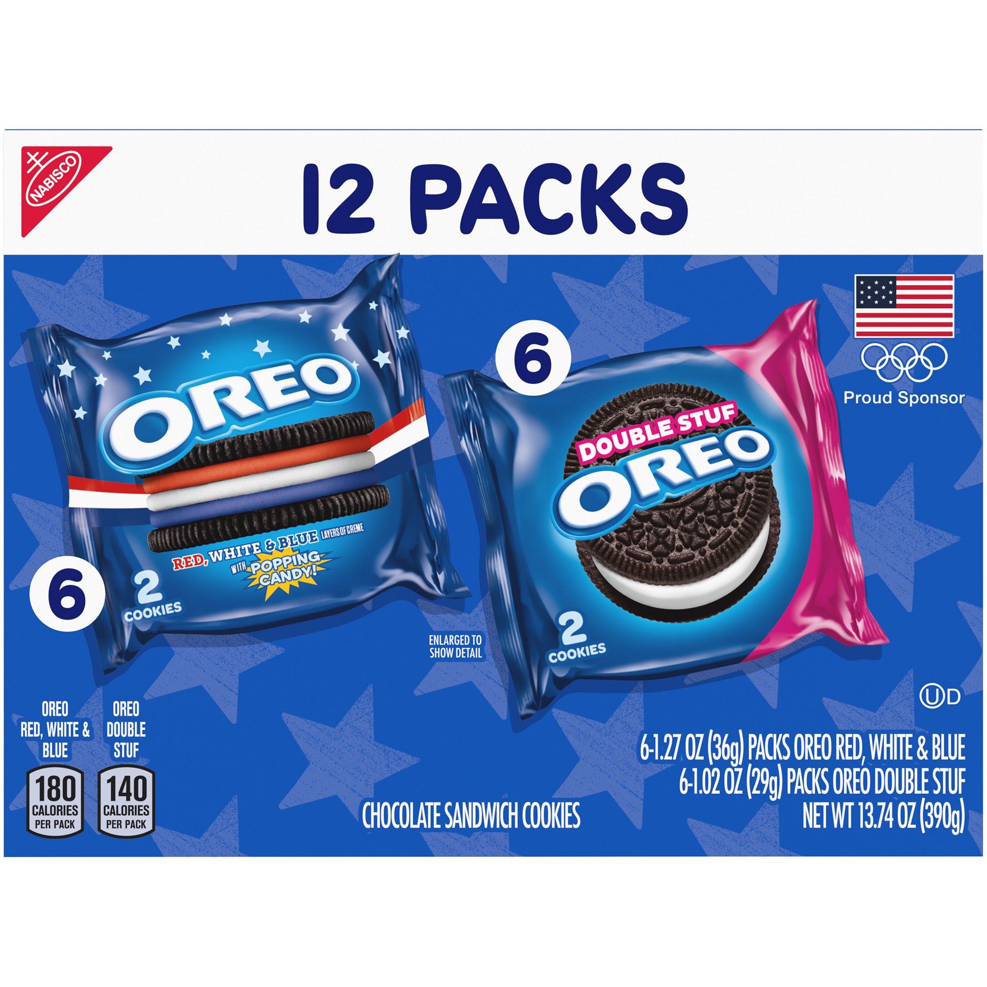 slide 2 of 5, Oreo Double Stuf & Red, White, & Blue with Popping Candy Chocolate Sandwich Cookies Variety Pack 12 ct Box, 13.74 oz