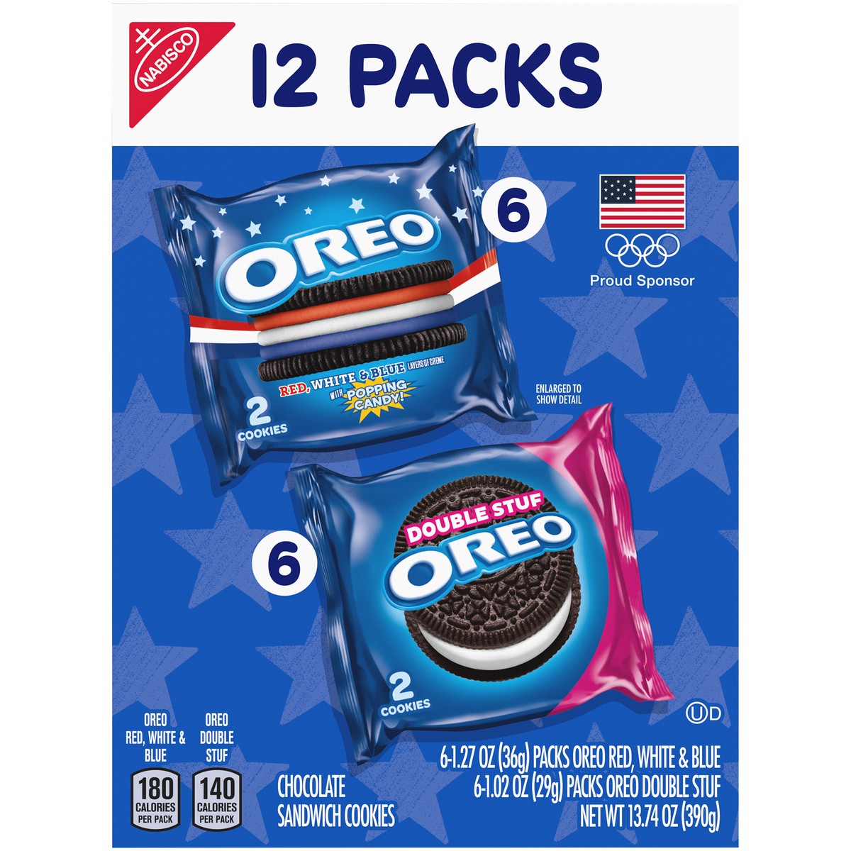 slide 1 of 5, Oreo Double Stuf & Red, White, & Blue with Popping Candy Chocolate Sandwich Cookies Variety Pack 12 ct Box, 13.74 oz