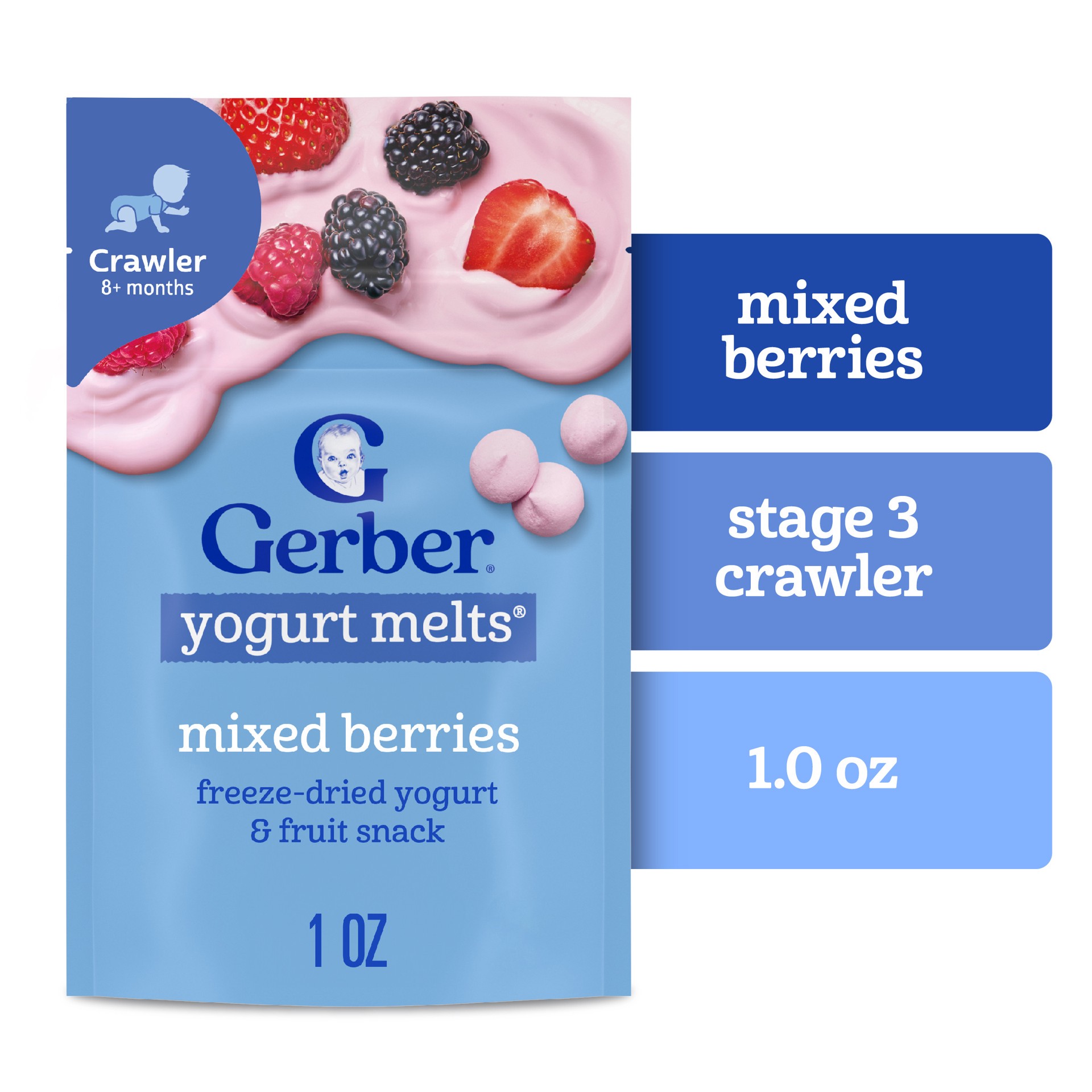 slide 1 of 9, Gerber Stage 3 Baby Food Snacks, Mixed Berries Yogurt Melts, Baby Led Feeding, 1 oz