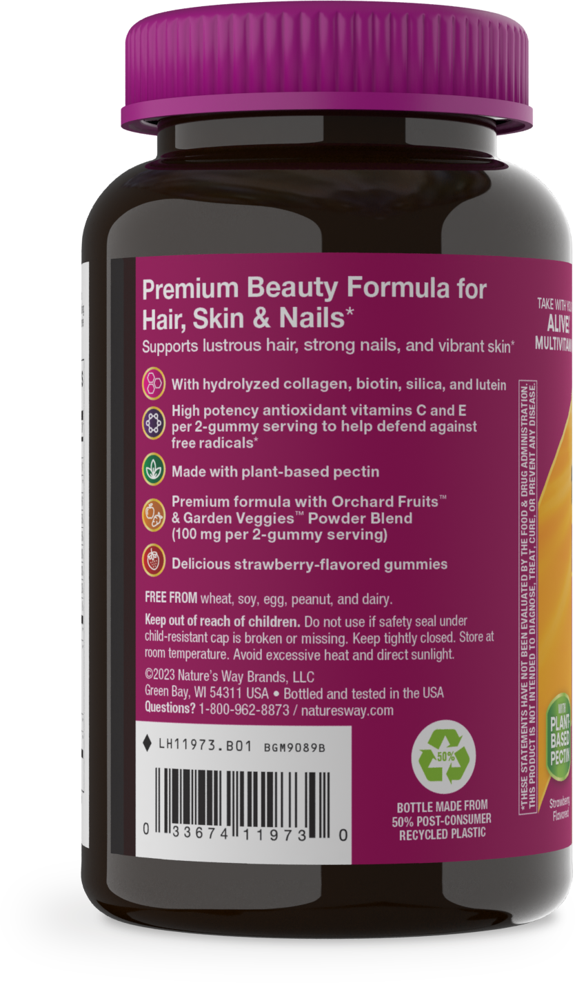 slide 2 of 4, Nature's Way Alive! Hair, Skin & Nails Premium Gummies with Collagen, Biotin, Vitamins C & E, Beauty Support*, Strawberry Flavored, 60 Gummies, 60 ct