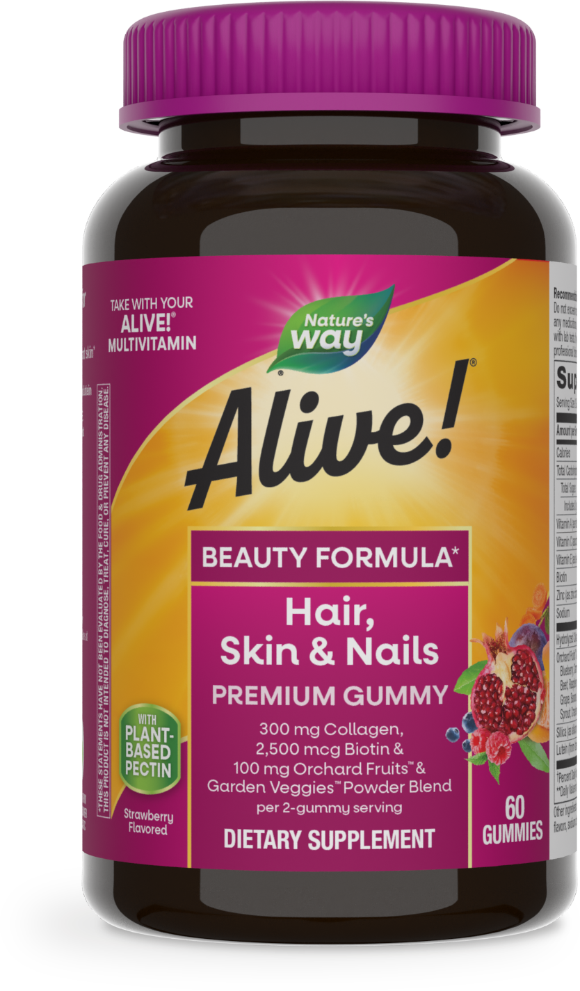 slide 1 of 4, Nature's Way Alive! Hair, Skin & Nails Premium Gummies with Collagen, Biotin, Vitamins C & E, Beauty Support*, Strawberry Flavored, 60 Gummies, 60 ct