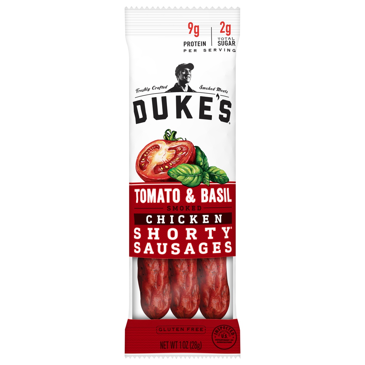 slide 1 of 1, Duke's Shorty Sausages, Smoked Chicken, Tomato & Basil, 1 oz