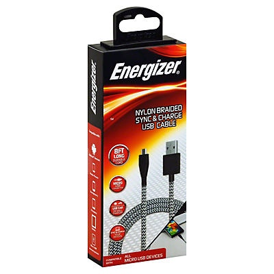 slide 1 of 1, Energizer MicroUSB Nylon Braided Sync And Charge Cable, 8 ft