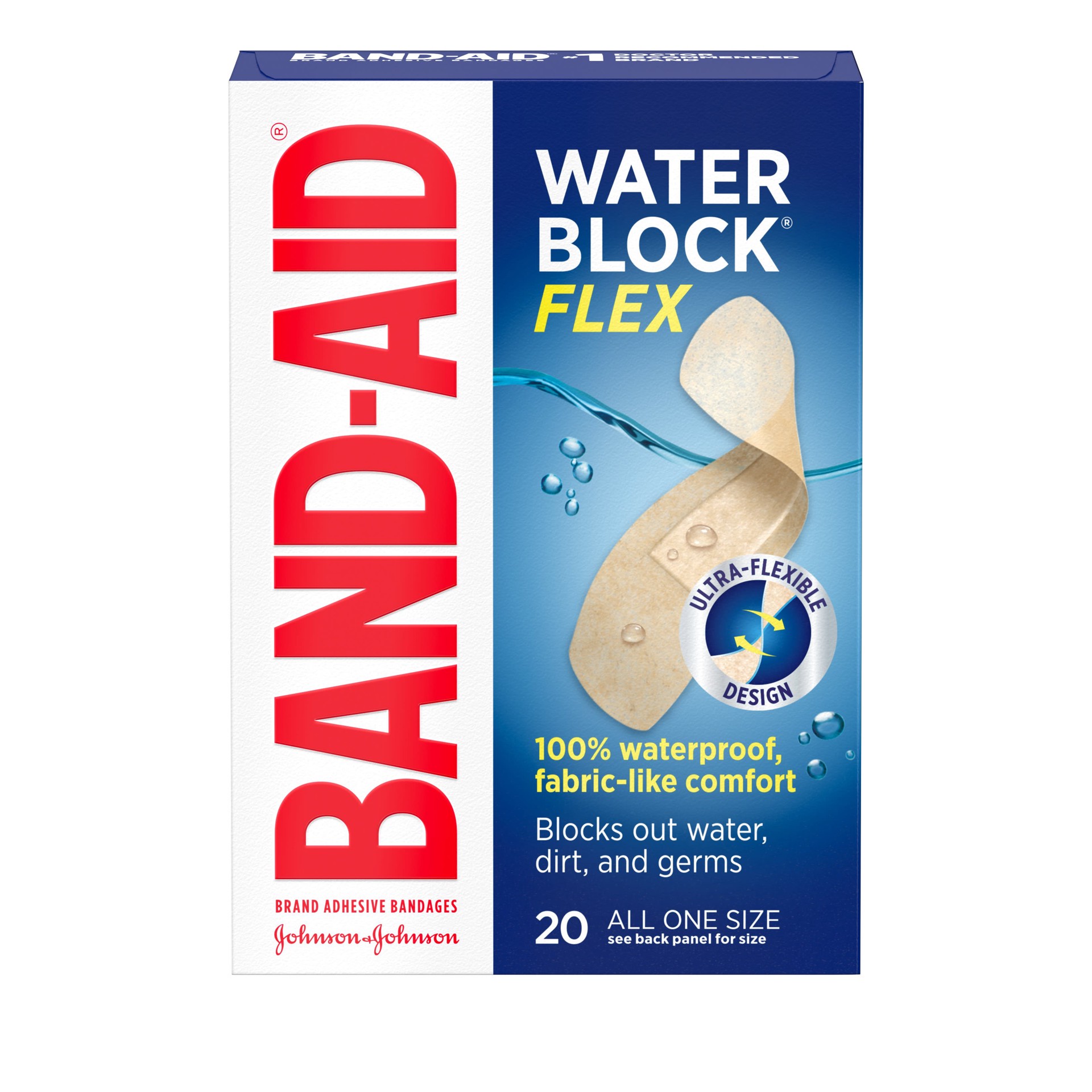 slide 4 of 10, BAND-AID Water Block Flex 100% Waterproof Adhesive Bandages for First-Aid Wound Care of Minor Cuts, Scrapes & Wounds, Ultra-Flexible Design, Sterile, All One Size, 20 ct, 20 ct