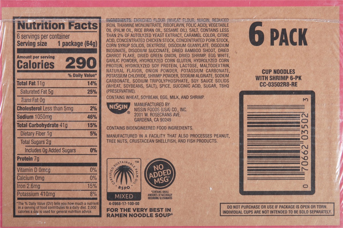 slide 3 of 9, Nissin Ramen Noodle Soup with Shrimp 6 - 2.25 oz Cups, 6 ct
