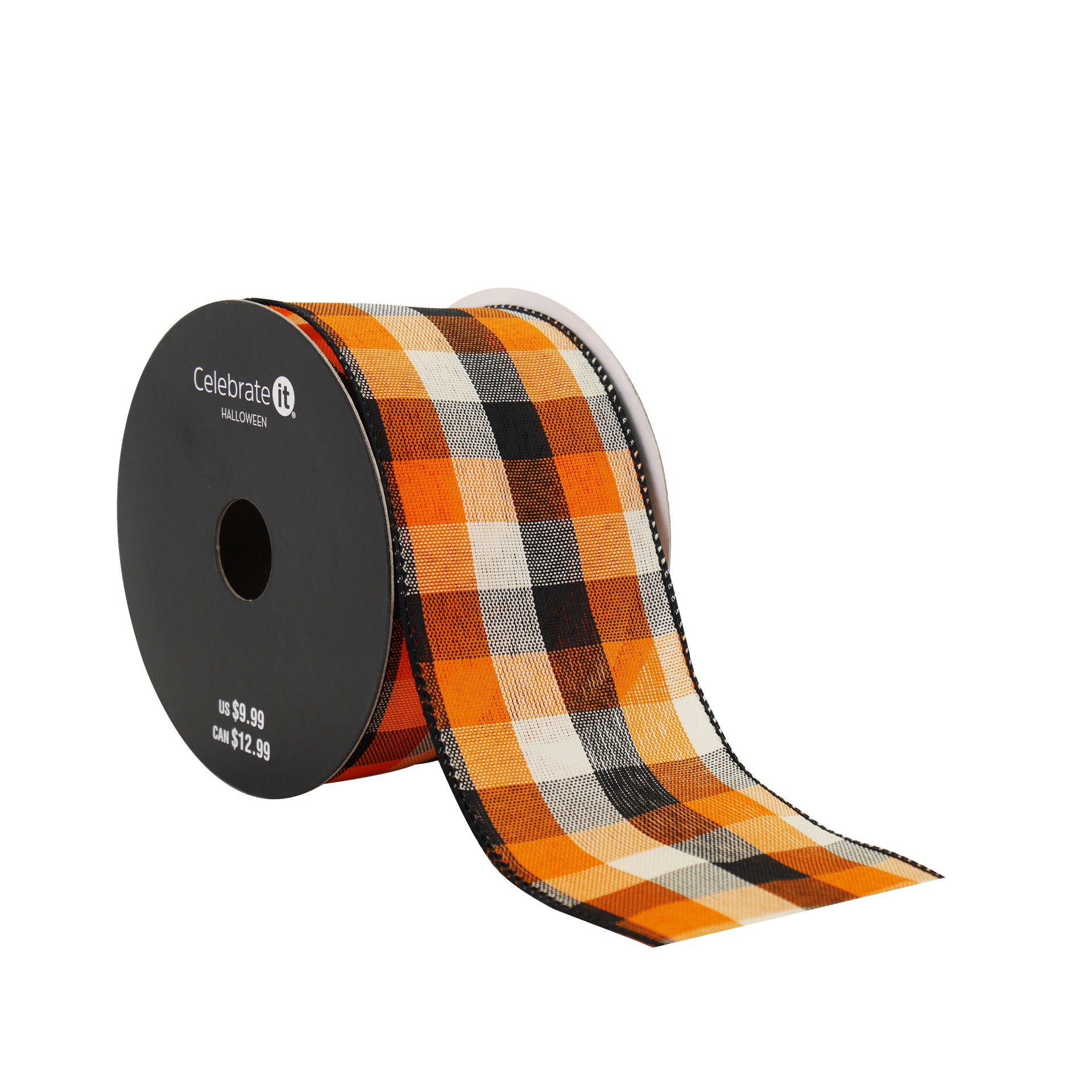 slide 2 of 3, 2.5" X 20ft. Navy & Orange Plaid Wired Ribbon By Celebrate It Halloween, 2.5 in x 20 ft