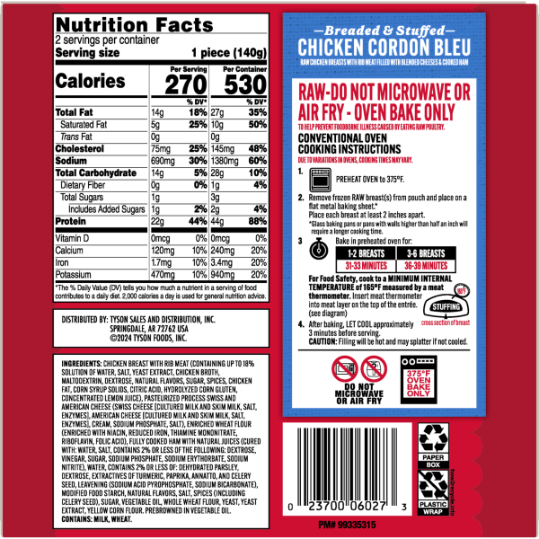 slide 9 of 9, Tyson Frozen Stuffed Chicken Breasts Cordon Bleu, 2 Count, 2 ct