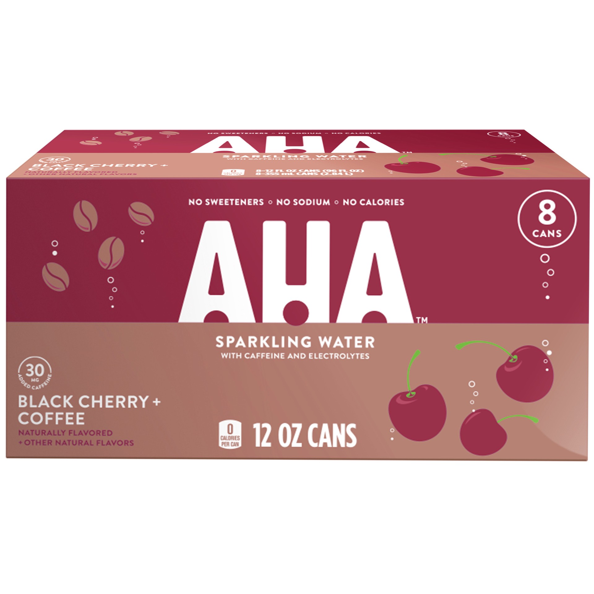 slide 6 of 10, AHA Sparkling Water, Black Cherry + Coffee Flavored Water, with Caffeine & Electrolytes, Zero Calories, Sodium Free, No Sweeteners, 12 fl oz, 8 Pack, 8 ct; 12 fl oz