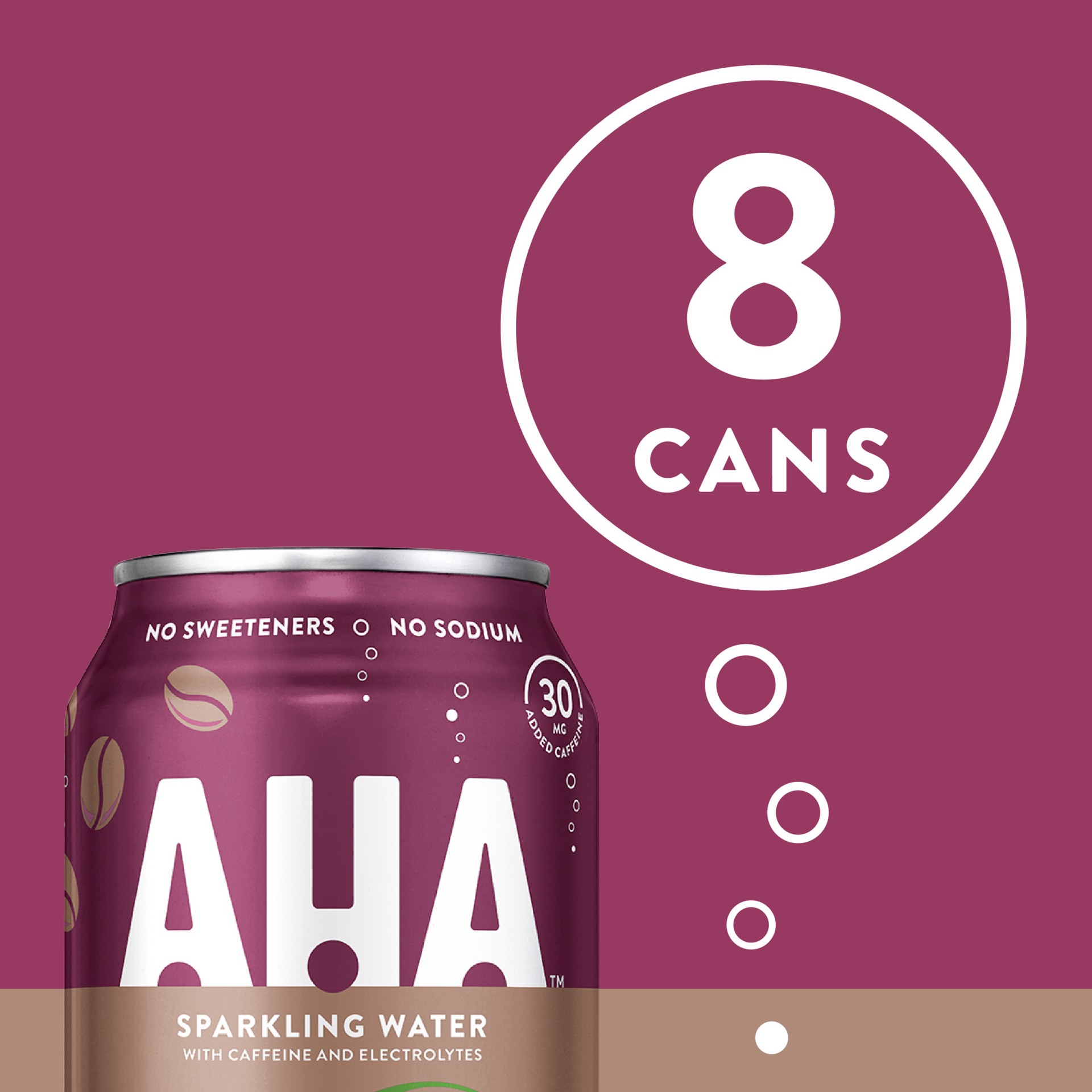 slide 5 of 10, AHA Sparkling Water, Black Cherry + Coffee Flavored Water, with Caffeine & Electrolytes, Zero Calories, Sodium Free, No Sweeteners, 12 fl oz, 8 Pack, 8 ct; 12 fl oz