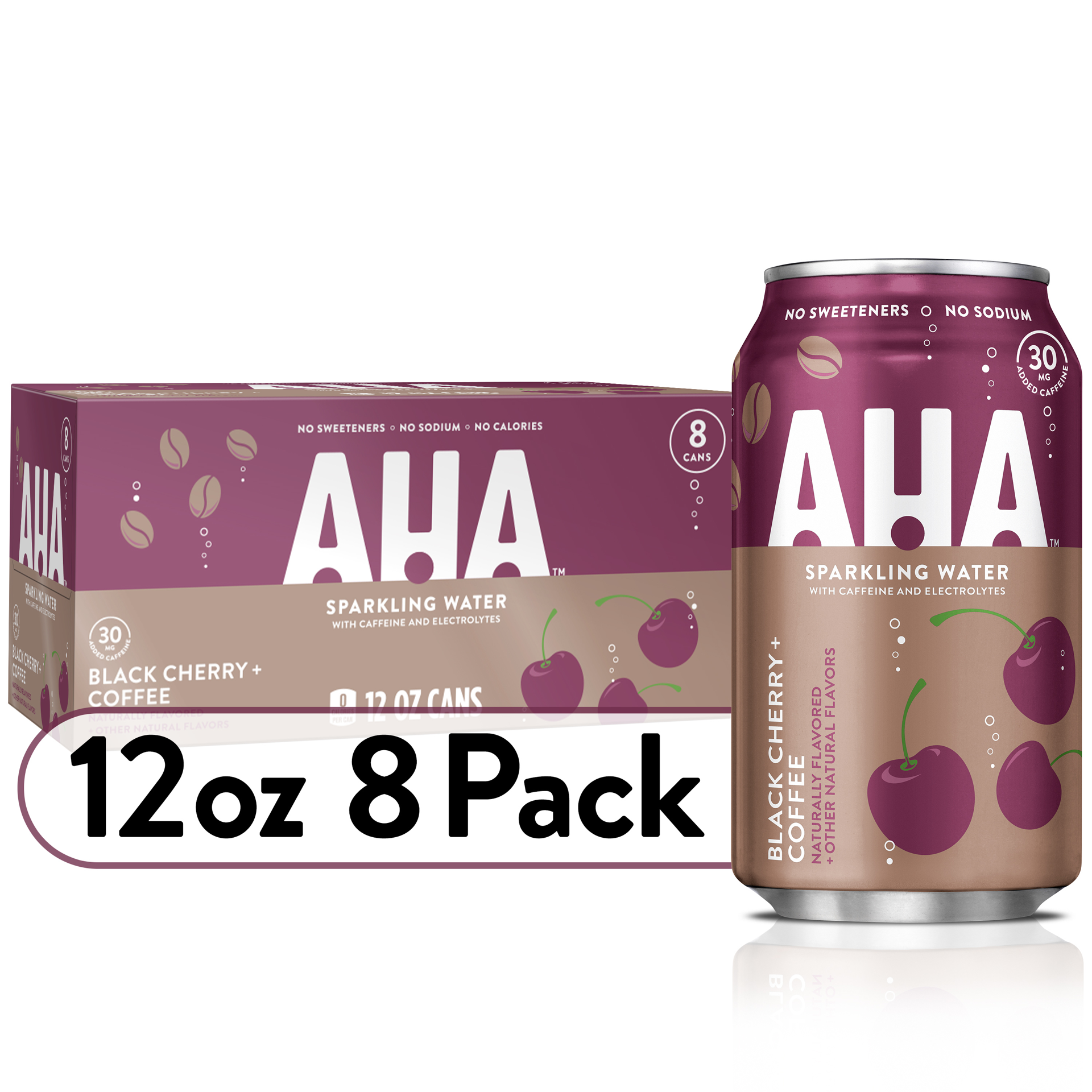 slide 1 of 10, AHA Sparkling Water, Black Cherry + Coffee Flavored Water, with Caffeine & Electrolytes, Zero Calories, Sodium Free, No Sweeteners, 12 fl oz, 8 Pack, 8 ct; 12 fl oz