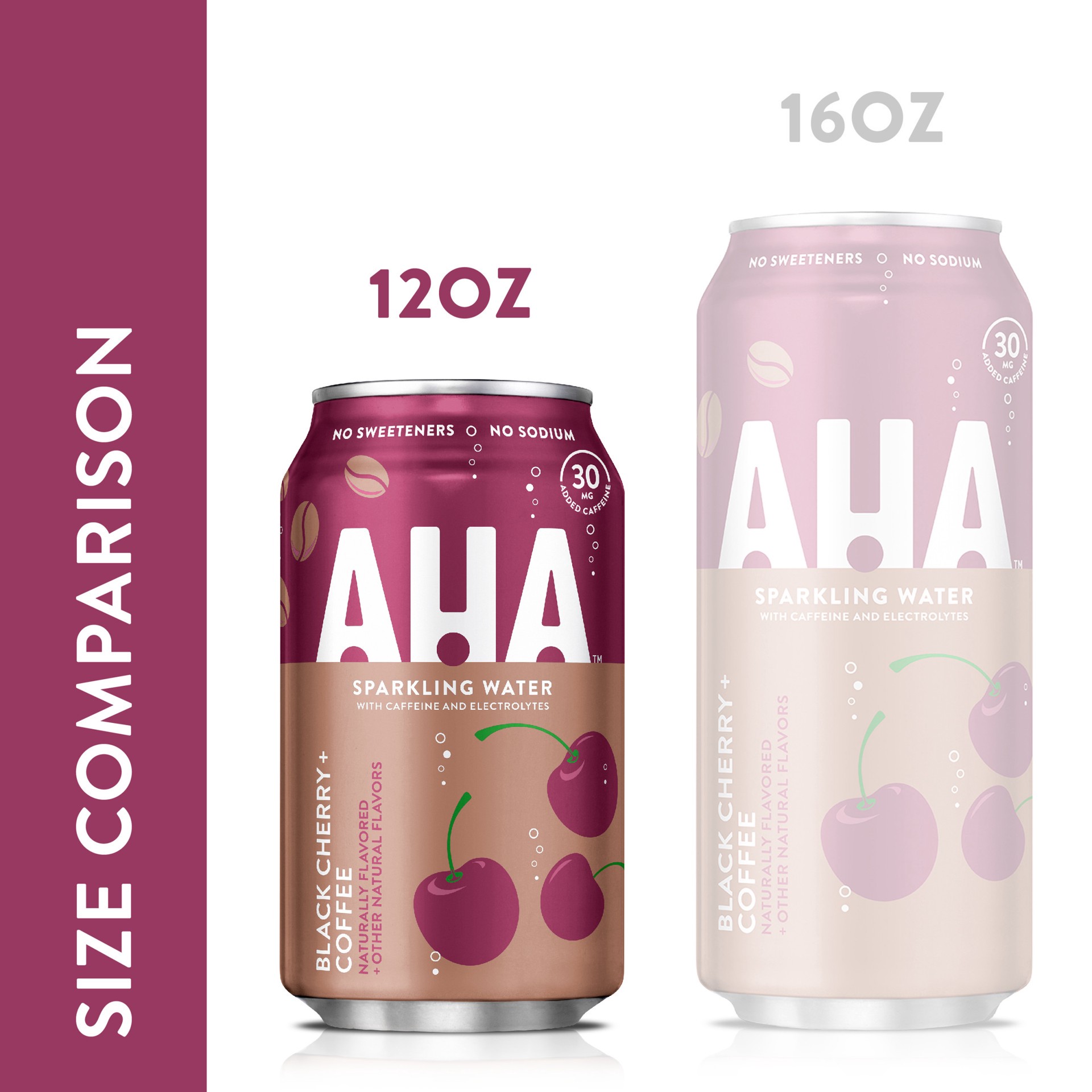 slide 4 of 10, AHA Sparkling Water, Black Cherry + Coffee Flavored Water, with Caffeine & Electrolytes, Zero Calories, Sodium Free, No Sweeteners, 12 fl oz, 8 Pack, 8 ct; 12 fl oz