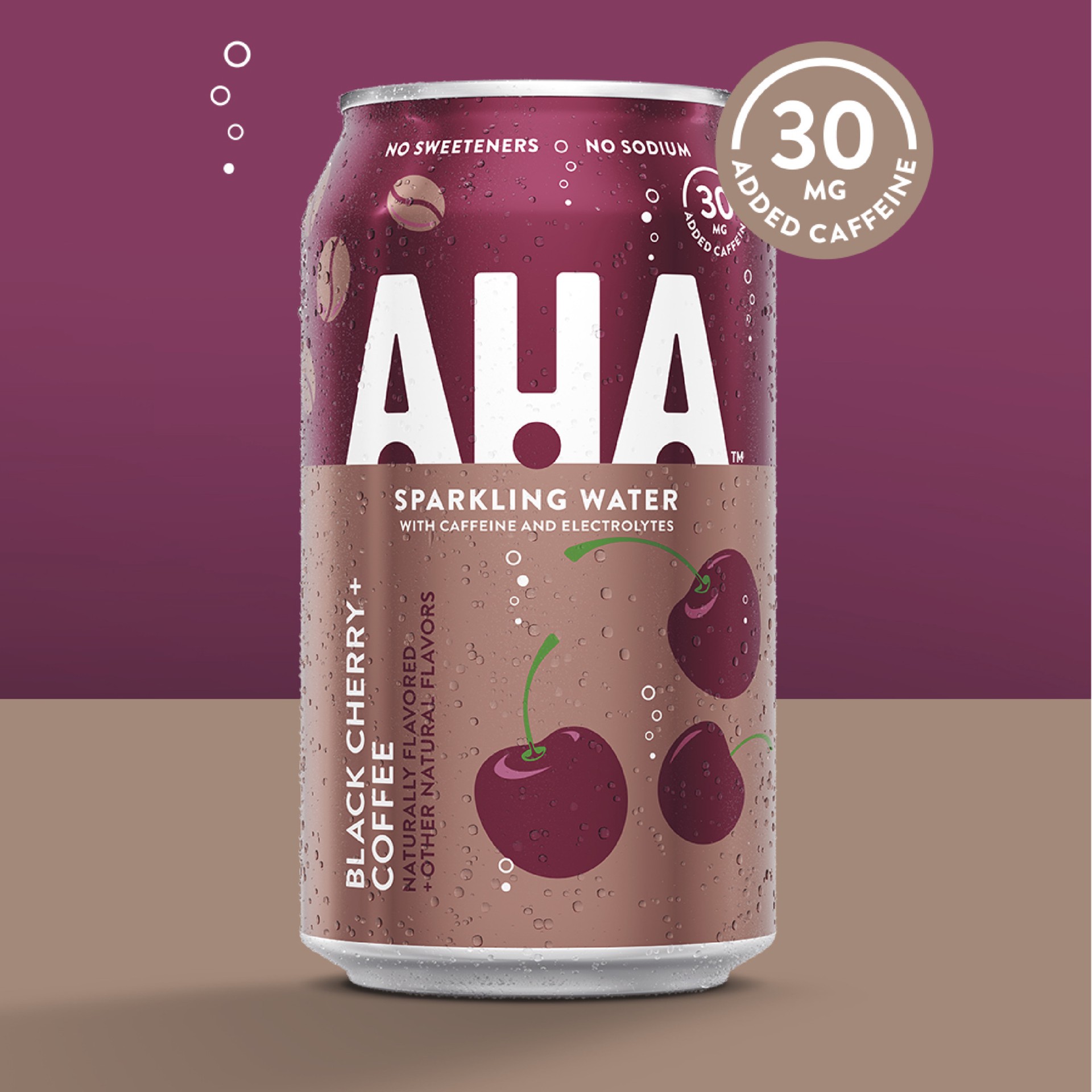 slide 7 of 10, AHA Sparkling Water, Black Cherry + Coffee Flavored Water, with Caffeine & Electrolytes, Zero Calories, Sodium Free, No Sweeteners, 12 fl oz, 8 Pack, 8 ct; 12 fl oz