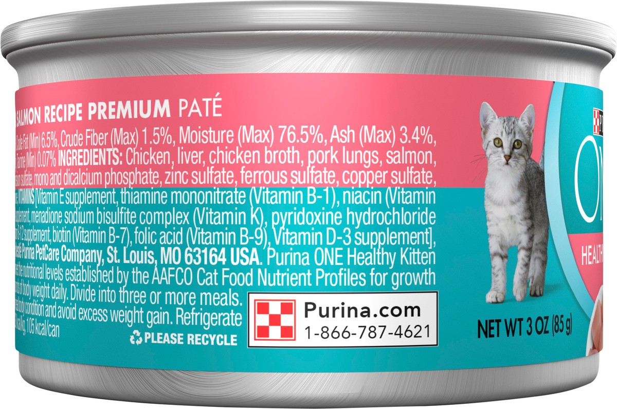 slide 14 of 14, ONE Purina ONE Grain Free, Natural Pate Wet Kitten Food, Healthy Kitten Chicken & Salmon Recipe, 3 oz