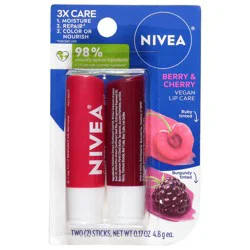 Nivea Berry & Cherry Vegan Lip Care - 2 x 0.17 oz Sticks