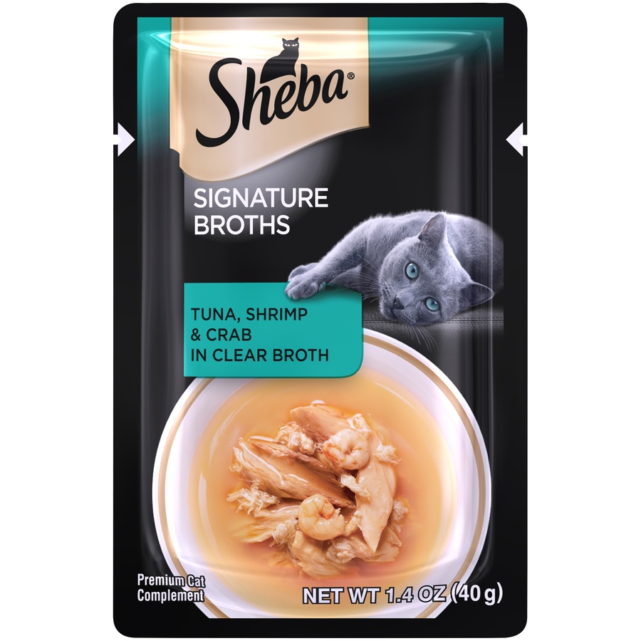 slide 1 of 1, Sheba Signature Broths Tuna, Shrimp & Crab Wet Cat Food, 1.4 oz